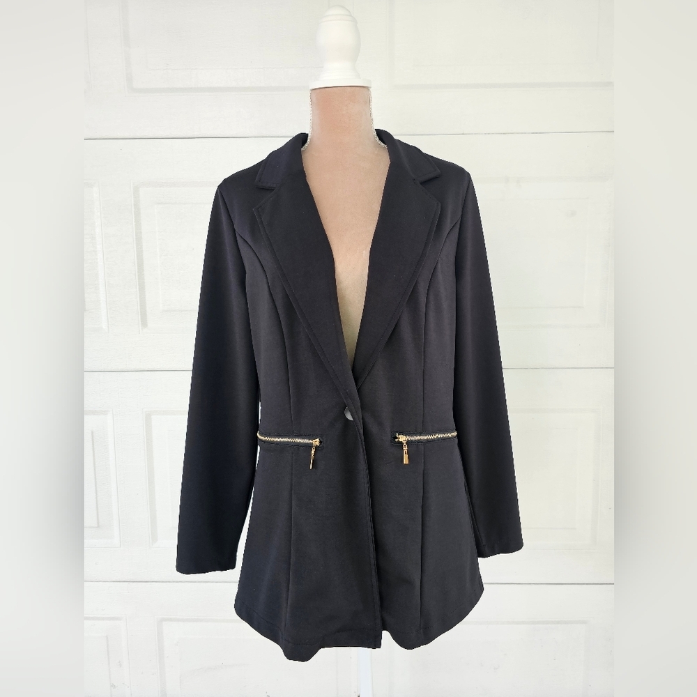 Genhoo Black Blazer Jacket Women’s Longline Chic Minimalist Gold Zip Pockets L - Picture 2 of 12
